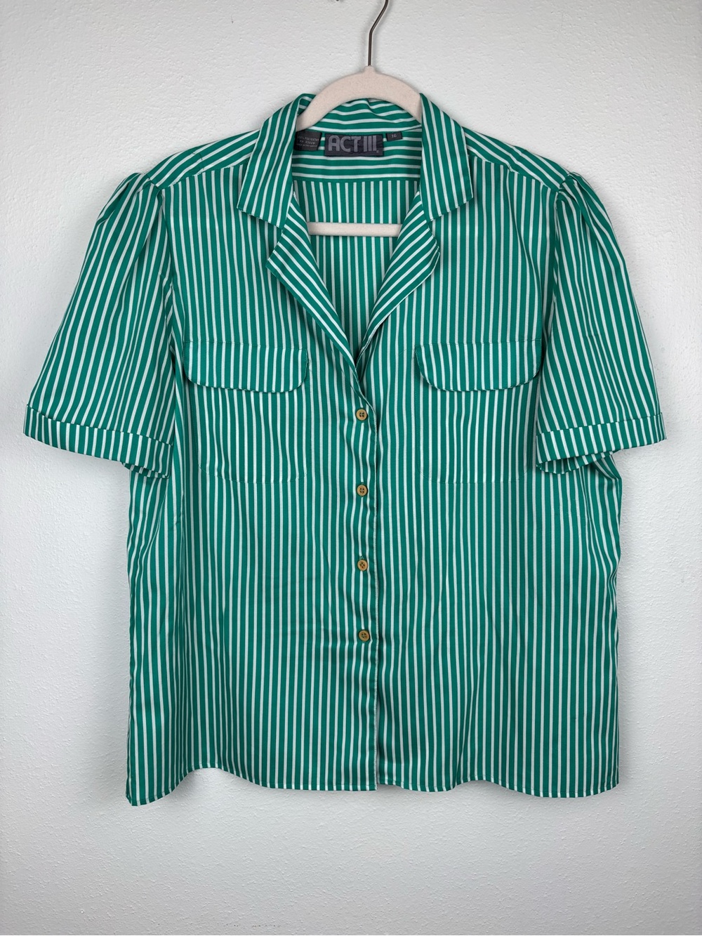 VTG Act III Green & White Striped Blouse, Size 16